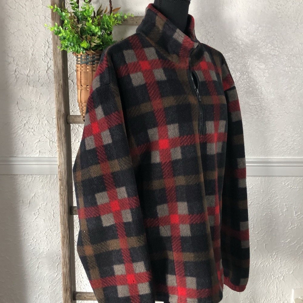 J Crew Plaid Polar Fleece Quarter Zip Over Jacket Red Black Unisex Fleece - Picture 6 of 16